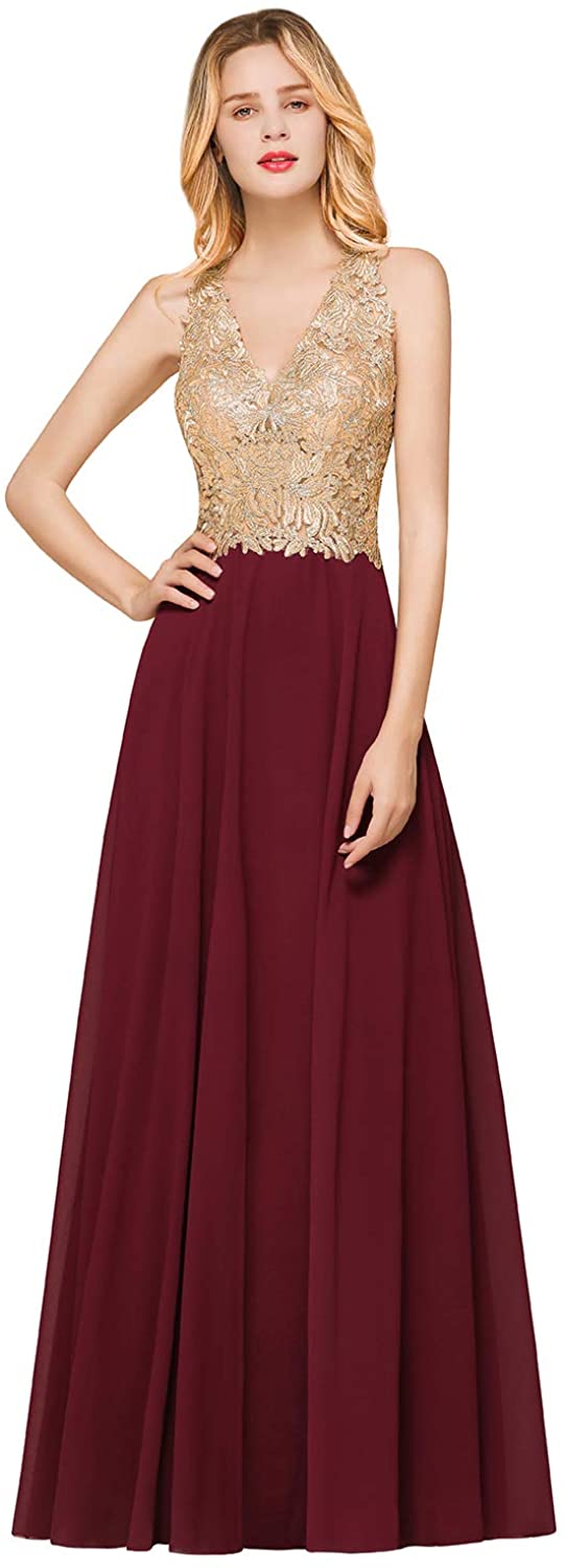 Price:$55.99    MisShow Women's Sleeveless Gold Lace Long Formal Evening Party Gown  Clothing