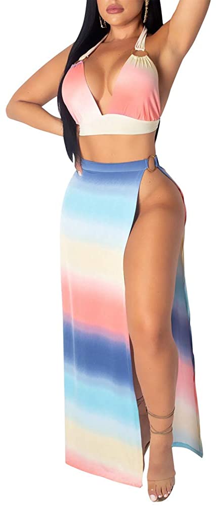 Price:$12.99    Haloladies Women's Two Pieces Strap Crop Top Side Split Maxi Dress Skirt Set  Clothing