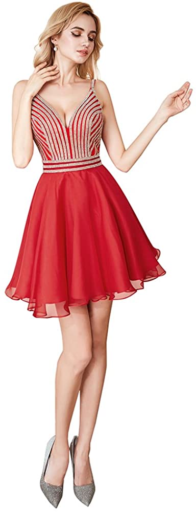 Price:$60.99 Quintion Norris Women's Short Beaded Prom Party Gown Deep V Neck Backless Homecoming Dress at Amazon Women’s Clothing store