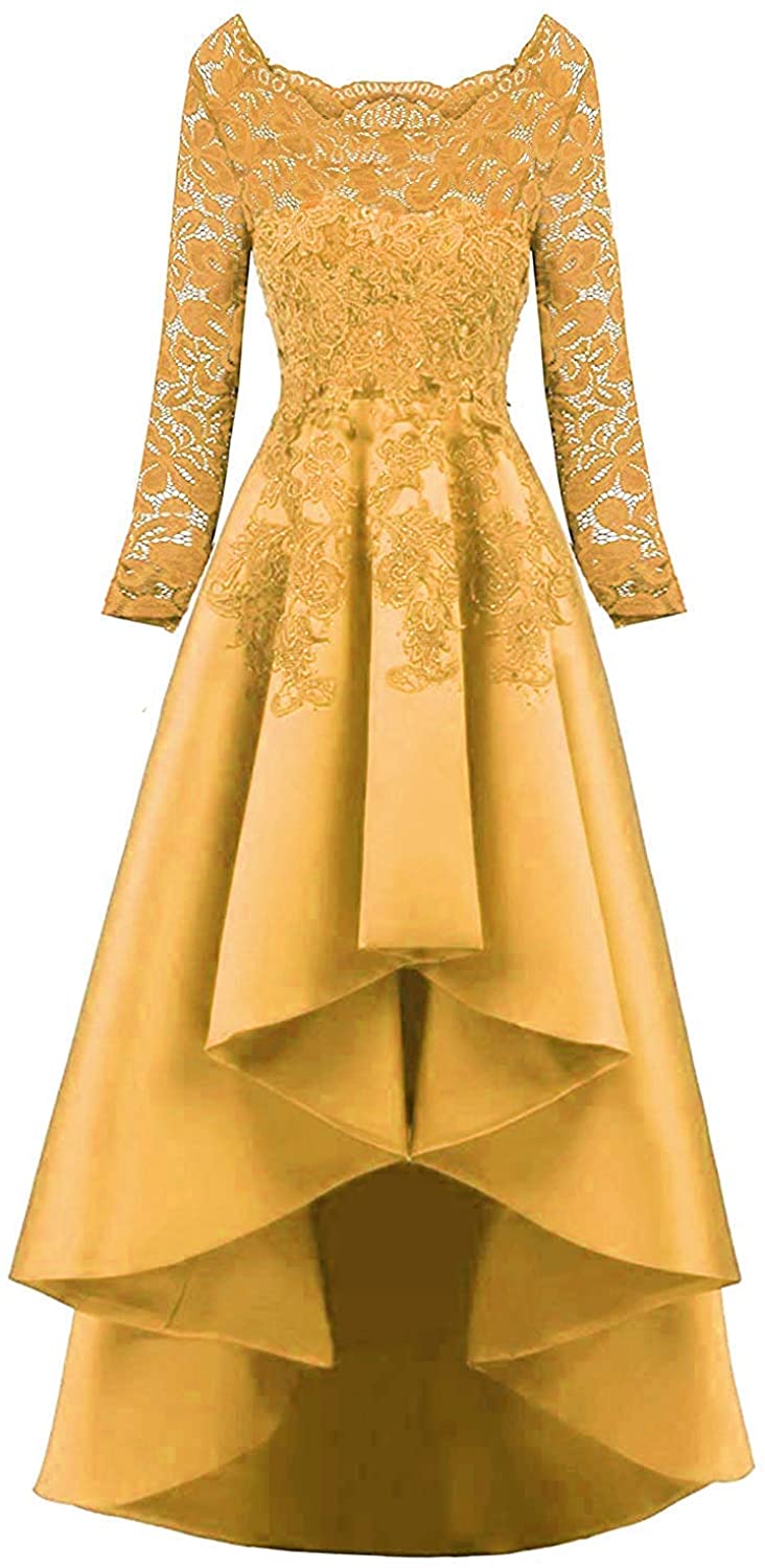 Price:$54.90    HelloLadyBridal Women's Hi-Lo Lace s Prom Dresses Satin Evening Party Gowns 6 Gold a  Clothing