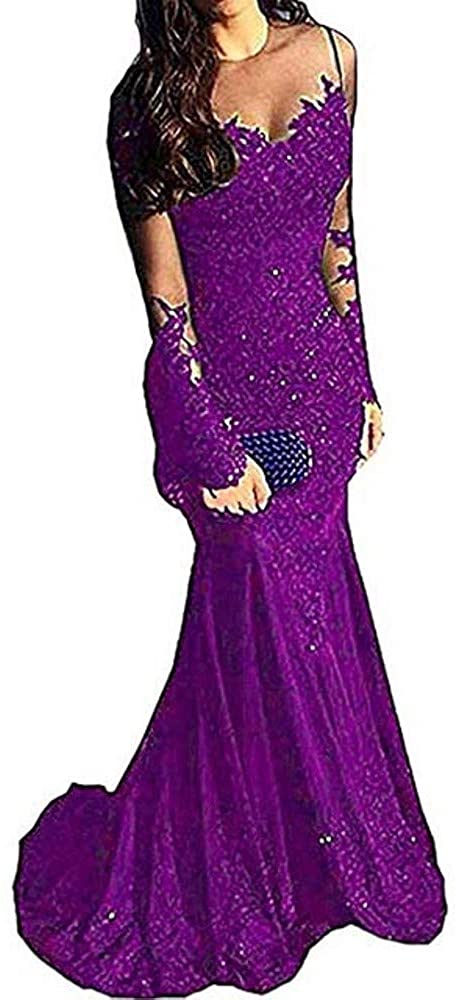 Price:$68.00 UZN Women's Long Sleeves O Neck Beaded Lace Applique Prom Dress Illusion Tulle Mermaid Evening Dress Long at Amazon Women’s Clothing store