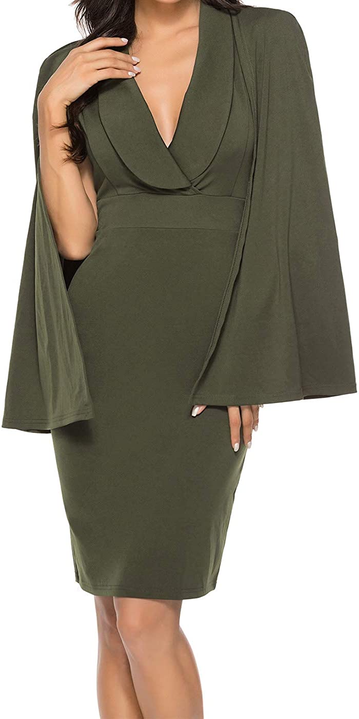 Price:$29.90 Women's Sexy Vintage Pleated Cape Long Sleeve Slim Fit Knee Length Bodycon Cocktail Party Pencil Dress Evening Gown at Amazon Women’s Clothing store