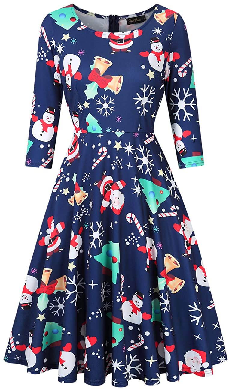 Price:$10.99    GloryStar Women's 3/4 Sleeve Christmas Dresses Vintage Cocktail Fit Flare A line Swing Dress Xmas Gifts  Clothing