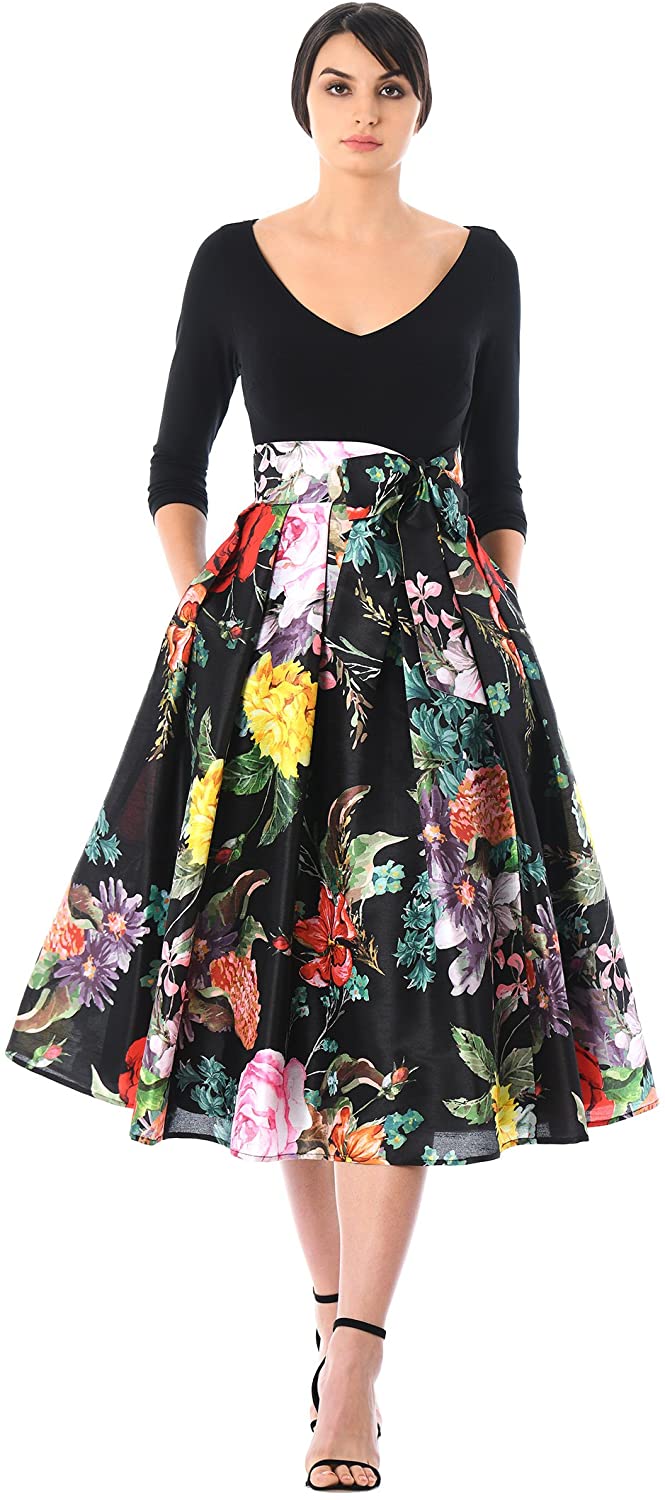 Price:$79.95    eShakti FX Floral Print Dupioni and Cotton Knit Dress Black Multi  Clothing