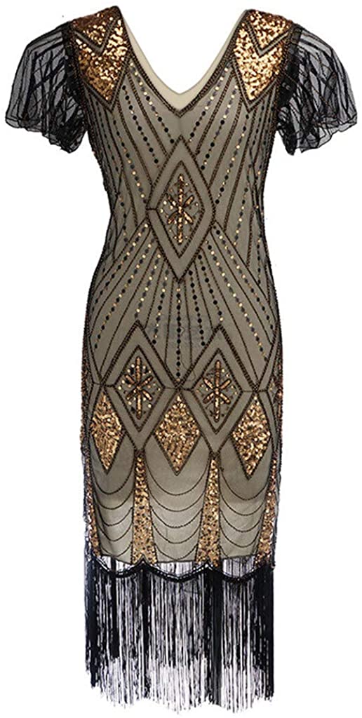 Price:$19.68    iQKA Women's Retro 1920s Sequin Beaded Bling Long Tassel V-Neck Cocktail Party Wrap Flapper Midi Dress  Clothing
