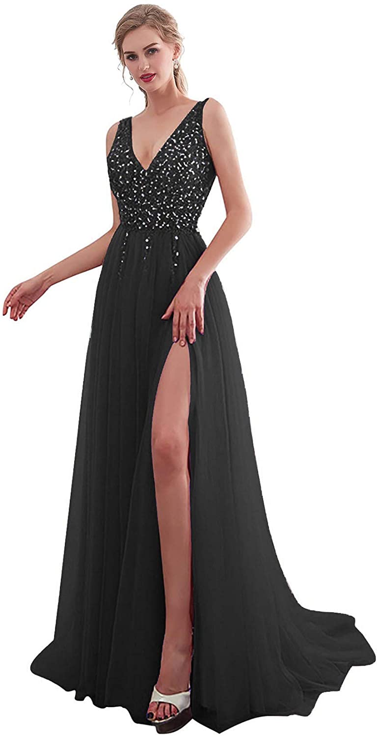 Price:$59.90 iLovewedding Women's V Neck High Slit Sequins Tulle Long Evening Gown at Amazon Women’s Clothing store