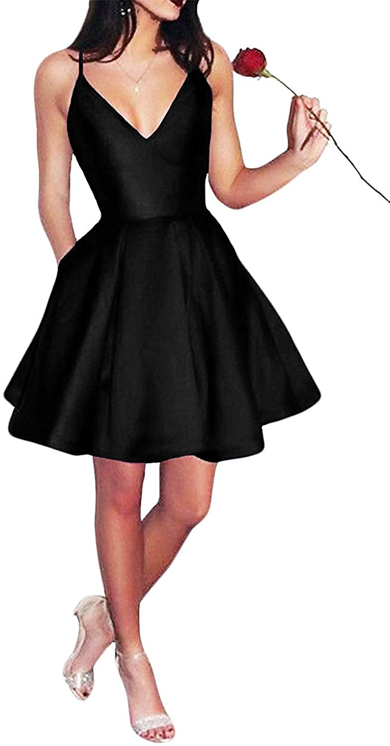 Price:$59.00    Jazylynbride Short A-line V-Neck Spaghetti Straps Satin Homecoming Dress with Pockets  Clothing