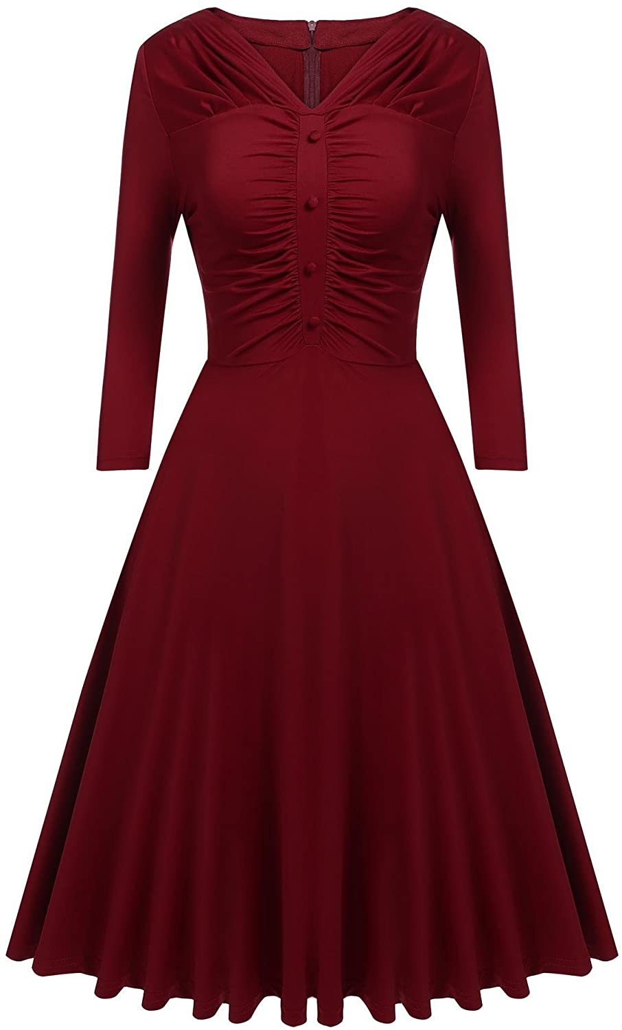 Price:$9.99 ACEVOG Women's 3/4 Sleeve V-Neck Ruched Button Casual Knee Length Swing Party Dresses at Amazon Women’s Clothing store