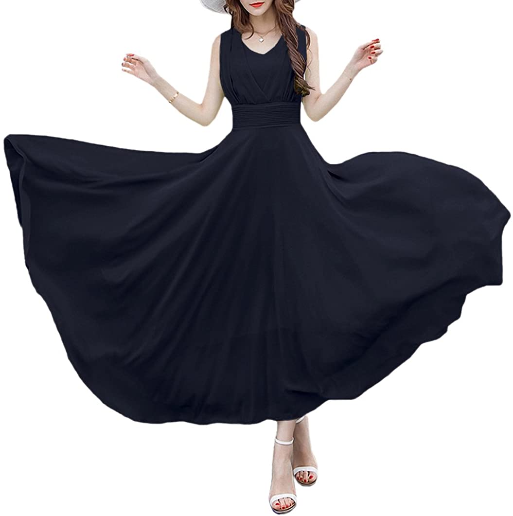 Price:$15.99    Afibi Women Double Sleeveless Ruched Waist Ladies Long Evening Dress  Clothing