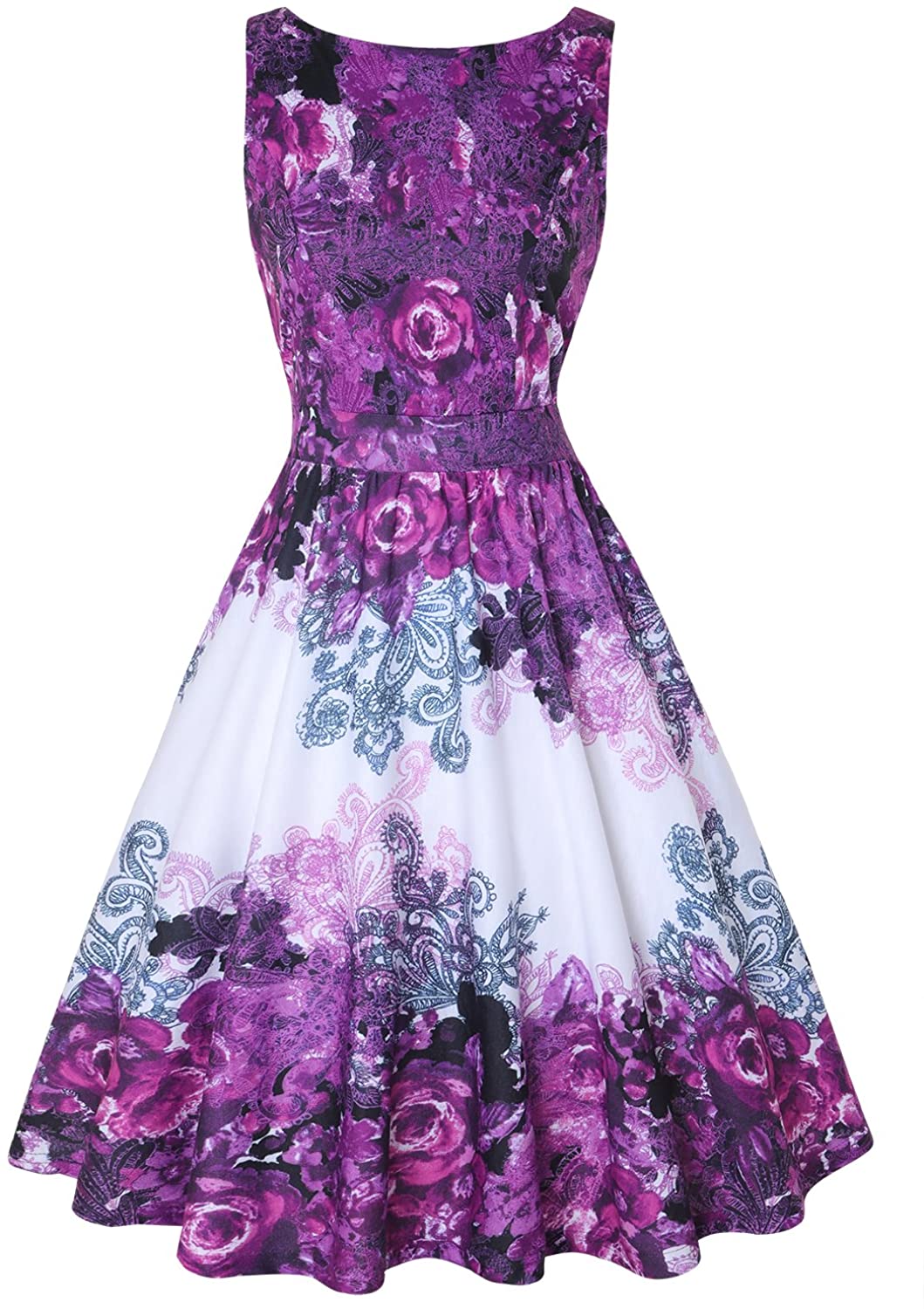 Price:$25.89    oten Women’s Flared Sleeveless Boat Neck A Line Floral Dress with Pockets  Clothing