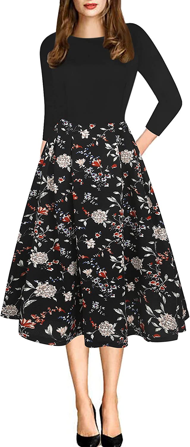 Price:$27.99 Sakaly Women's Retro Printed Formal Church Dresses Pockets 3/4 Sleeve Swing Party Cocktail Flare Midi Dress SK165 (M, Bk-FPT7) at Amazon Women’s Clothing store