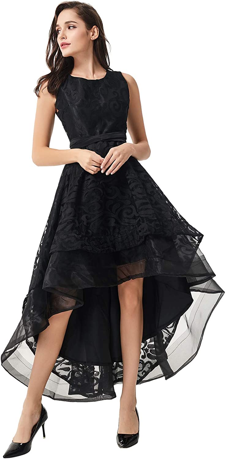 Price:$39.99    Womens Round Neck Floral Lace Elegant Sleeveless Asymmetry Cocktail Party Dress  Clothing