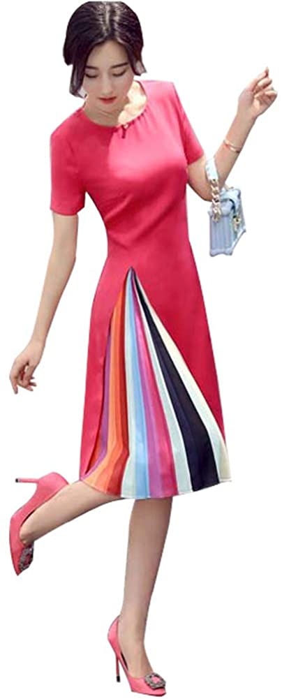 Price:$28.99    Ashir Aley Women's Rainbow Colorful Block Pleated A Line Little Dress(S,Pink)  Clothing