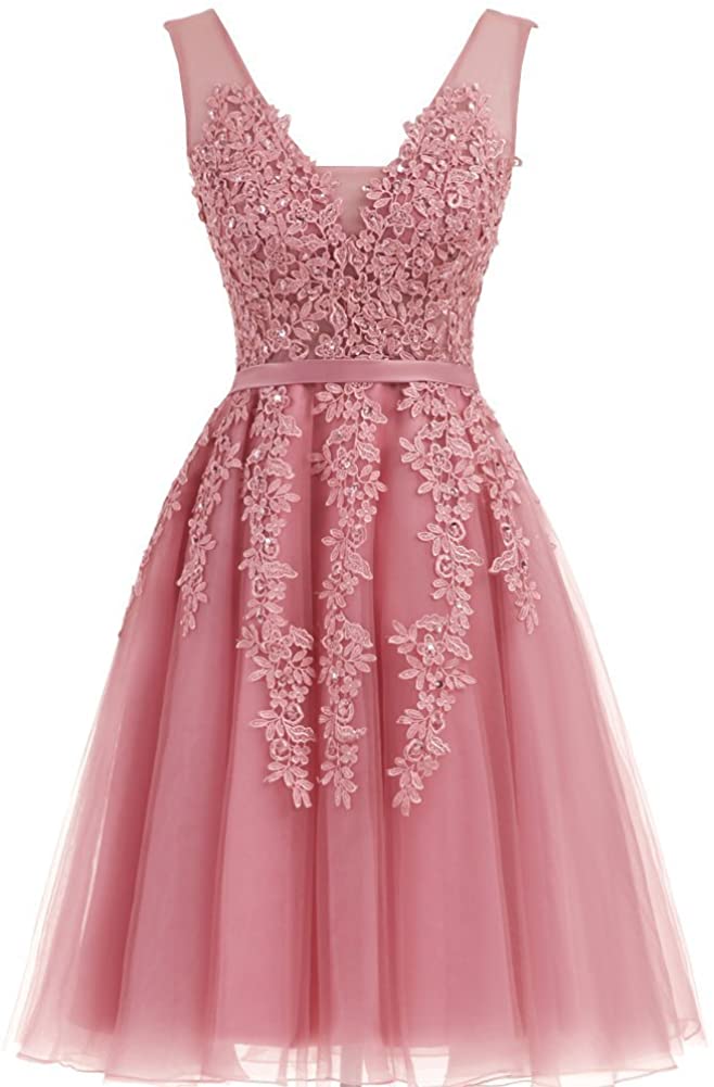 Price:$9.90    LeoGirl Womens Lace s Illusion Tulle Short Prom Dress V-Neck Party Dress  Clothing