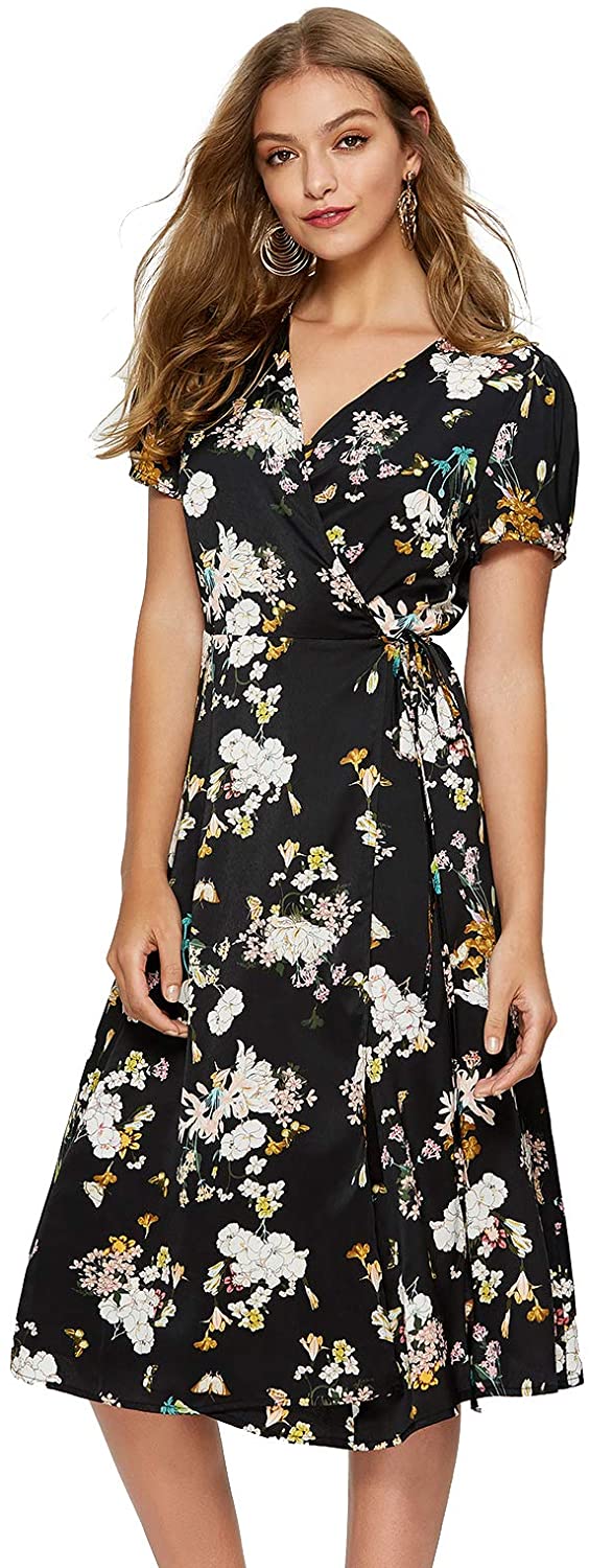 Price:$27.99 Escalier Women's Floral Wrap Dress Split Short Sleeve V Neck Tie Front Chiffon Summer Party Midi Dresses at Amazon Women’s Clothing store