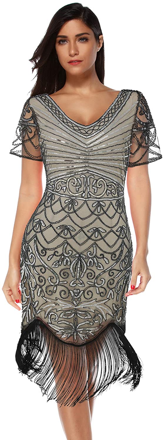 Price:$32.88    Women's Flapper Vintage Dresses 1920s Beaded Fringed Great Gatsby Dress (Silver&Beige, XXL)  Clothing