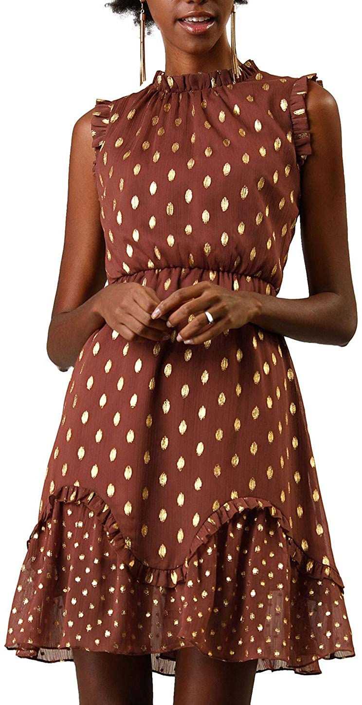 Price:$31.99 Allegra K Women's Dot High Neck Sleeveless Metallic Print Ruffle Cocktail Party Dress at Amazon Women’s Clothing store