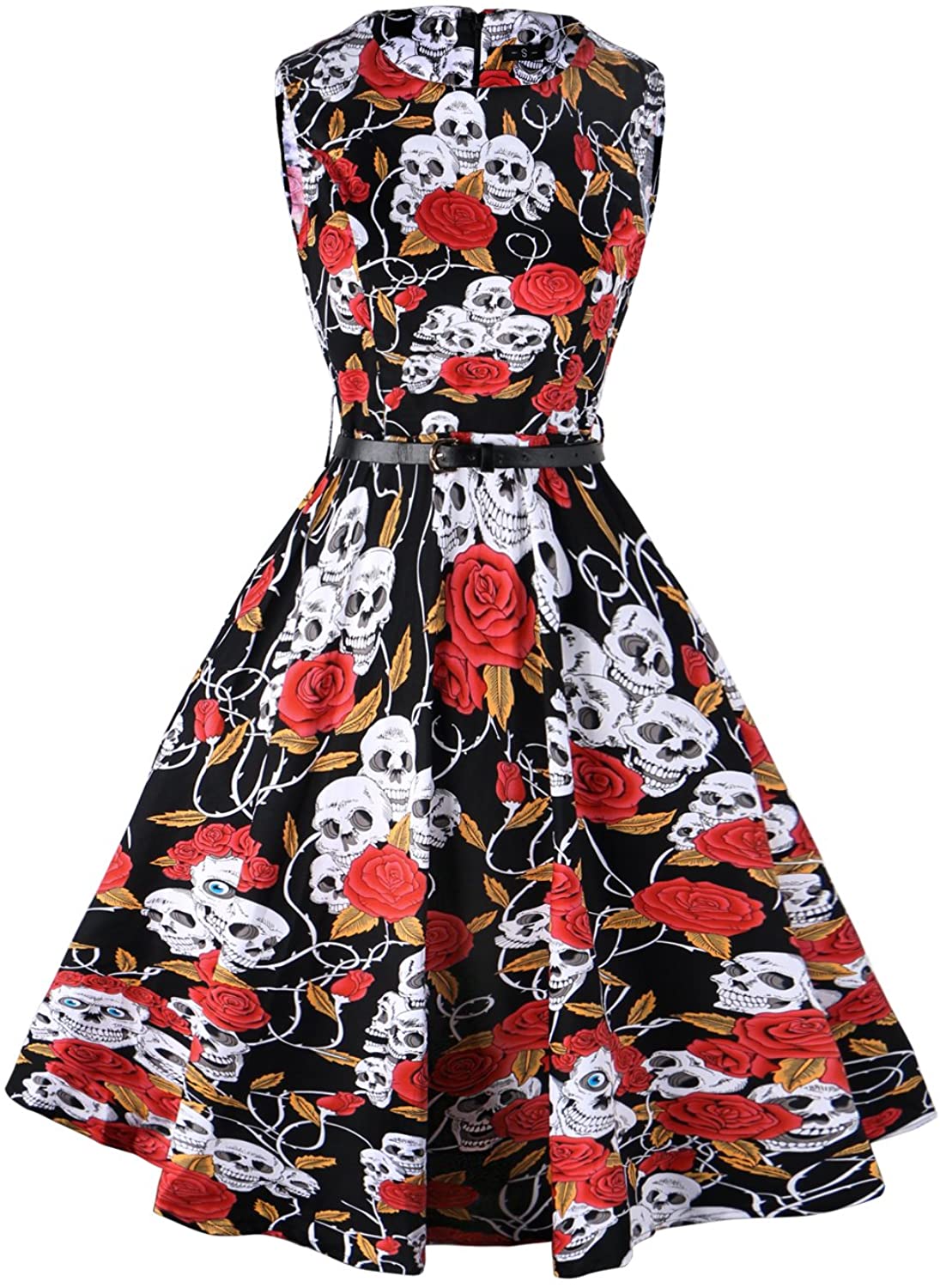Price:$22.98    LaceLady Boatneck Vintage Sleeveless Tea Dress with Belt Pleated Swing Party Halloween Skull Black L  Clothing