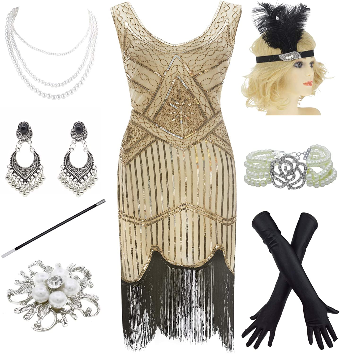 Price:$42.90 1920s Gatsby Fringed Paisley Plus Size Flapper Dress with 20s Accessories Set at Amazon Women’s Clothing store
