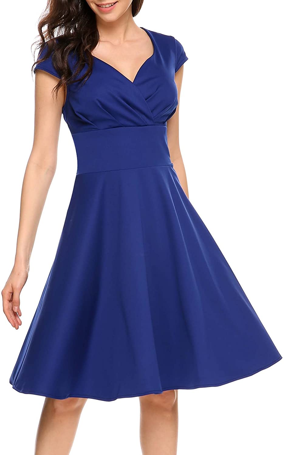 Price:$24.69    SE MIU Women Pleated High Waist V Neck Cap Sleeve Vintage Swing Prom Party Dress  Clothing