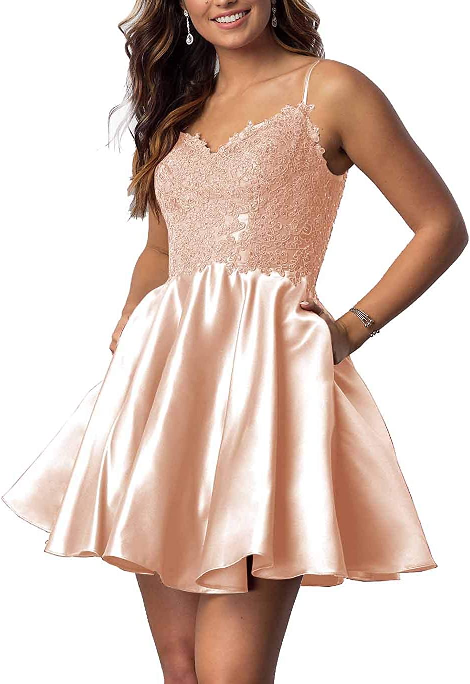 Price:$16.99    FeiYueXinXing Juniors Short Homecoming Dresses With Pockets Strap Prom Gowns  Clothing