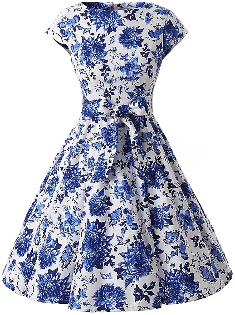 Price:$19.99    Ensnovo Women Cap Sleeve 50s Floral Vintage Rockabilly Swing Cocktail Party Dress  Clothing