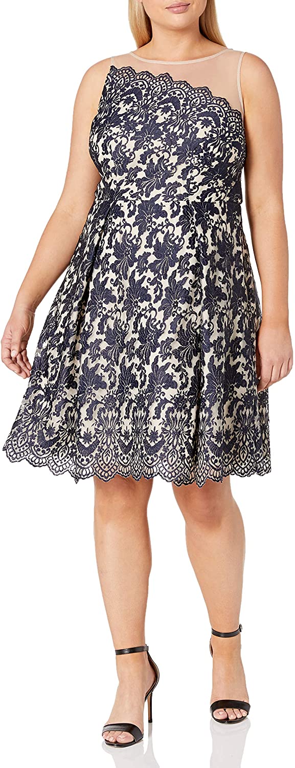 Price:$111.50    London Times Women's Plus Size Lace Fit & Flare Dress w. Illusion Neckline  Clothing