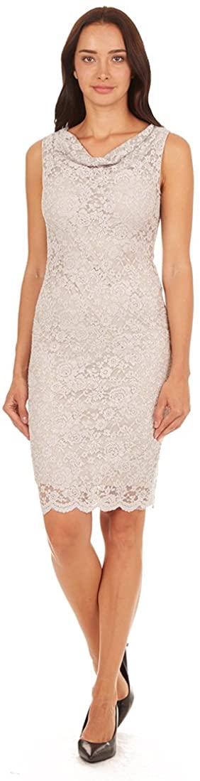Price:$19.99 ONYX Nite Women’s Sleeveless Cowl Neck Sparkle Lace Shift Dress with Scallop Hem at Amazon Women’s Clothing store