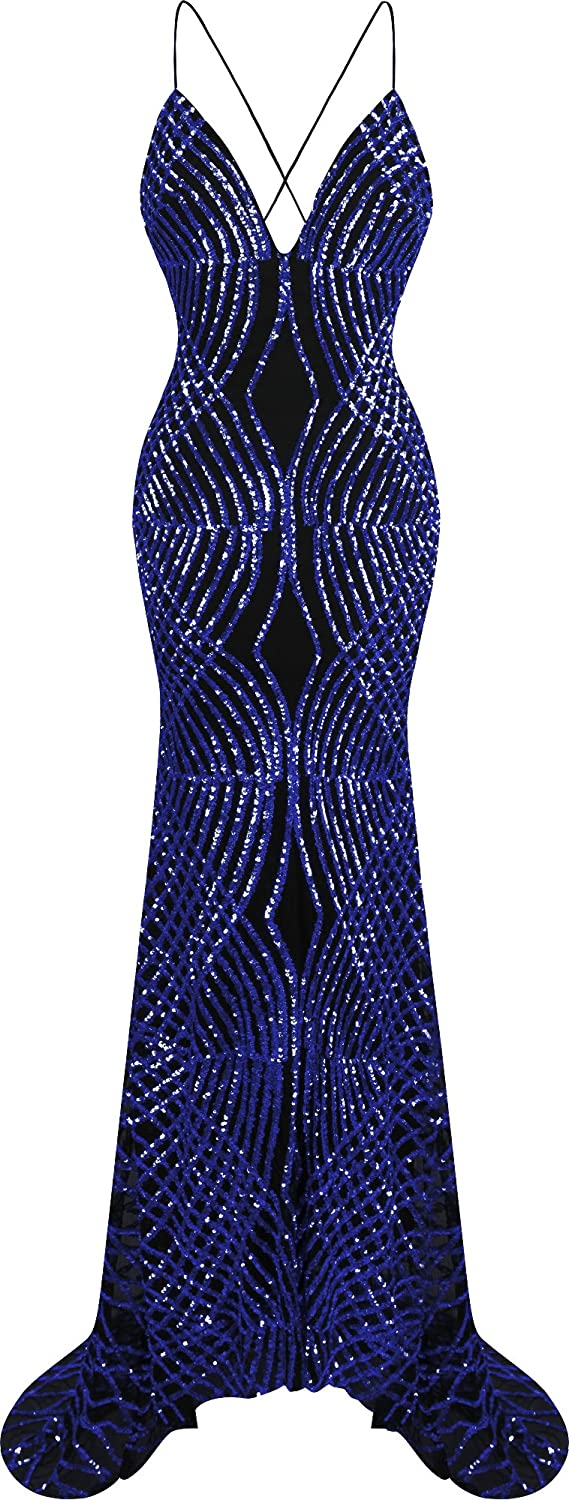Price:$45.99    Angel-fashions Women's Spaghetti Strap Sequin V Neck Mermaid Long Sweep Train Ball Gown  Clothing