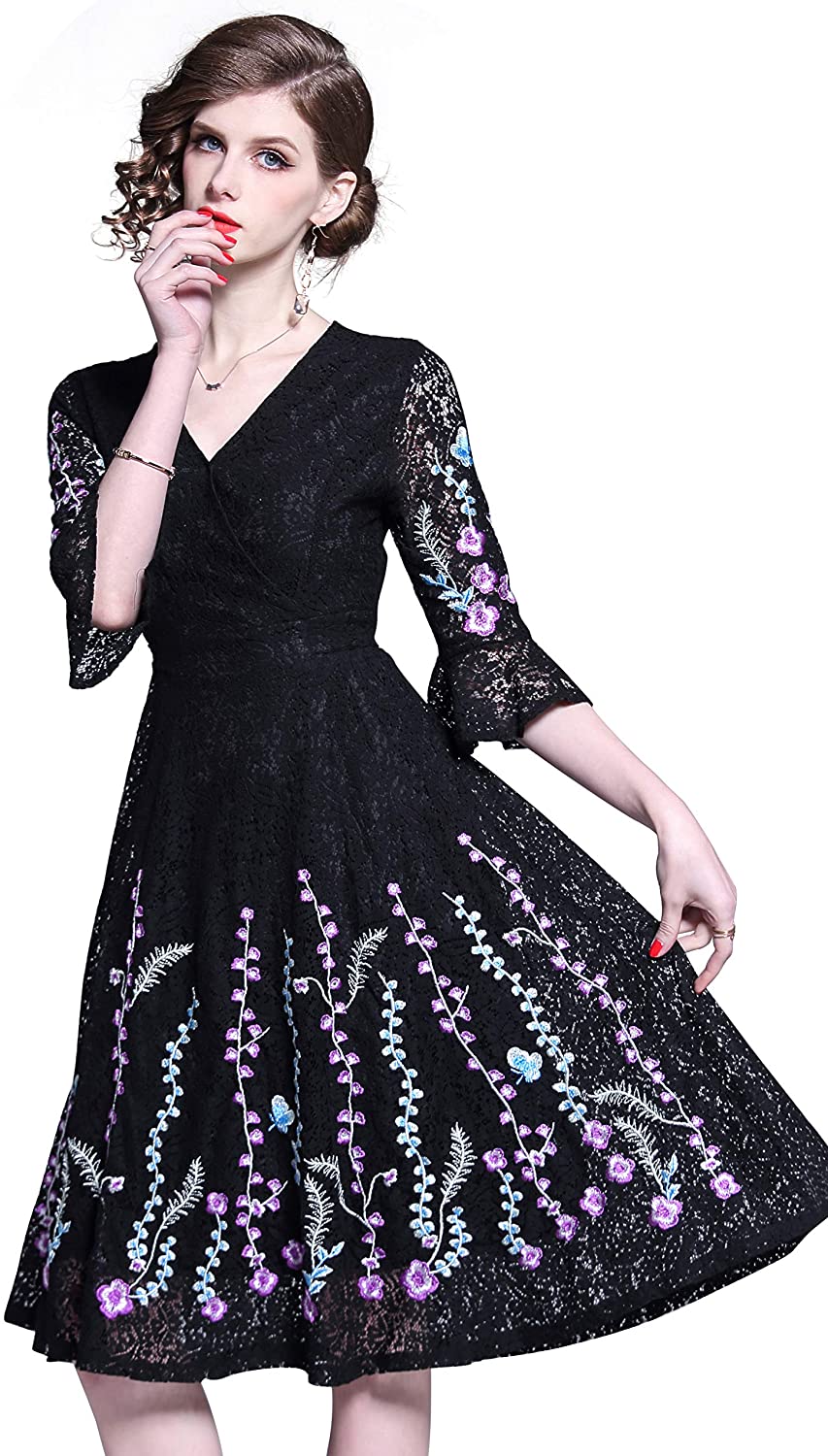 Price:$39.98 Women's V Neck 3/4 Sleeves Floral Embroidery Cocktail A-Line Midi Dress at Amazon Women’s Clothing store