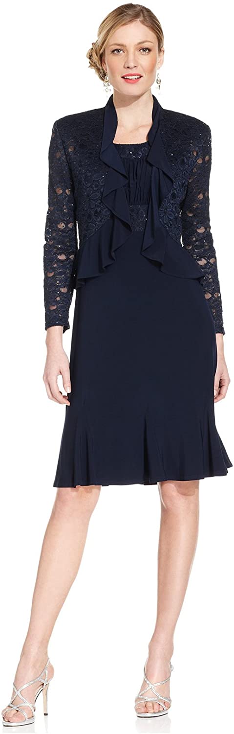 Price:$79.99 R&M Richards Women's Two PCE Missy Ruffle Jacket Over A Solid Dress at Amazon Women’s Clothing store