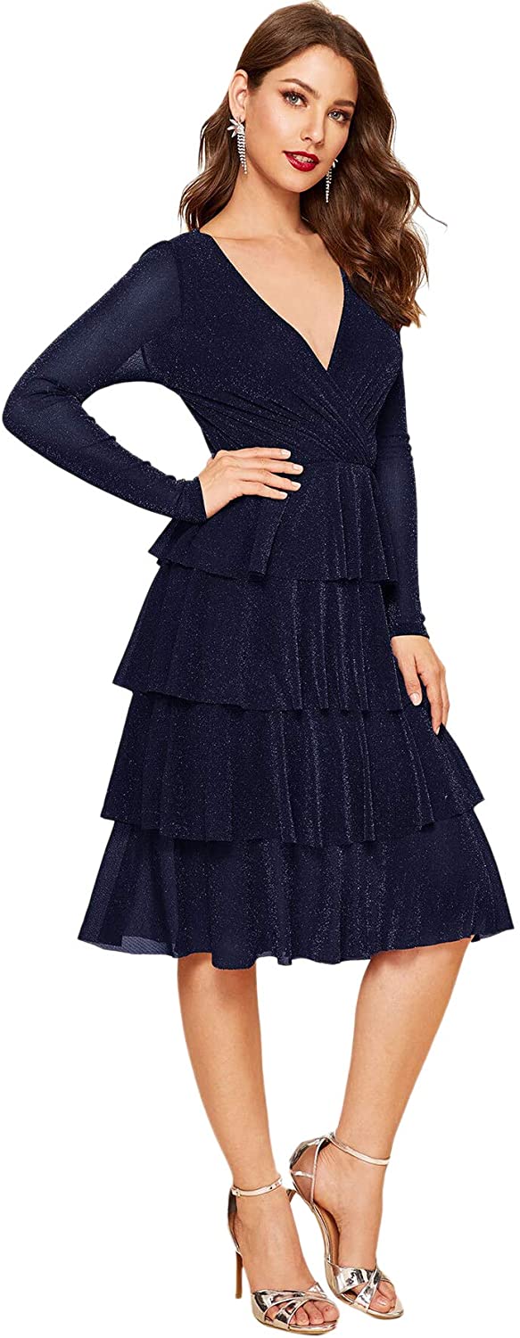 Price:$15.99 Romwe Women’s Deep V Neck Ruffle Hem Work Office A Line Glitter Dress at Amazon Women’s Clothing store