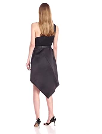 Price:$0.00    Halston Heritage Women's One Shoulder Asymmetrical Hem Cocktail Dress, Black/Champagne, 14  Clothing