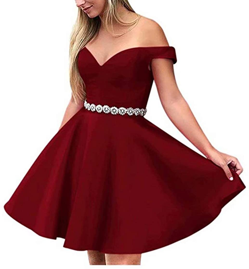 Price:$69.99    JiusTan Sexy Off The Shoulder Homecoming Dresses Short Beaded Belt Satin Prom Dress Party Gowns for Women with Pockets  Clothing