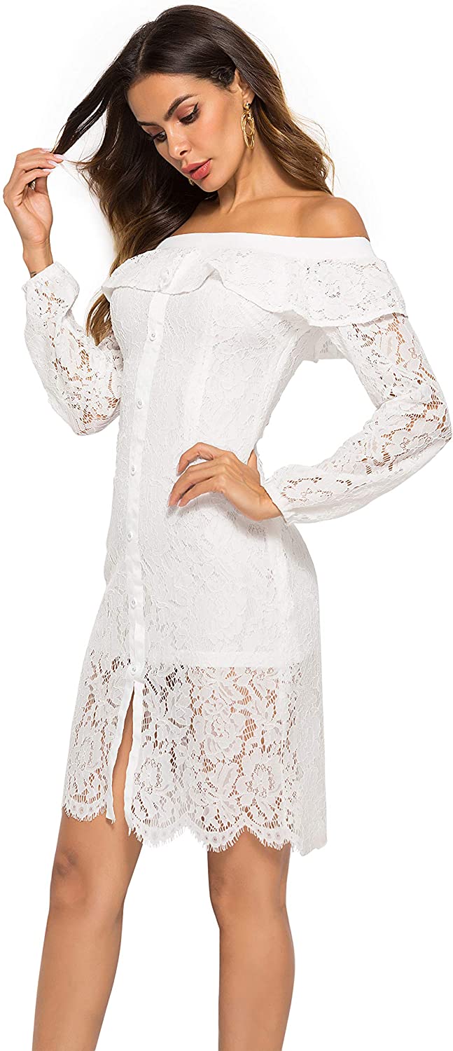 Price:$0.00    O.L.F Women's Off Shoulder Floral Lace Bodycon Dress Cocktail Party Wedding Dresses (Medium, White)  Clothing