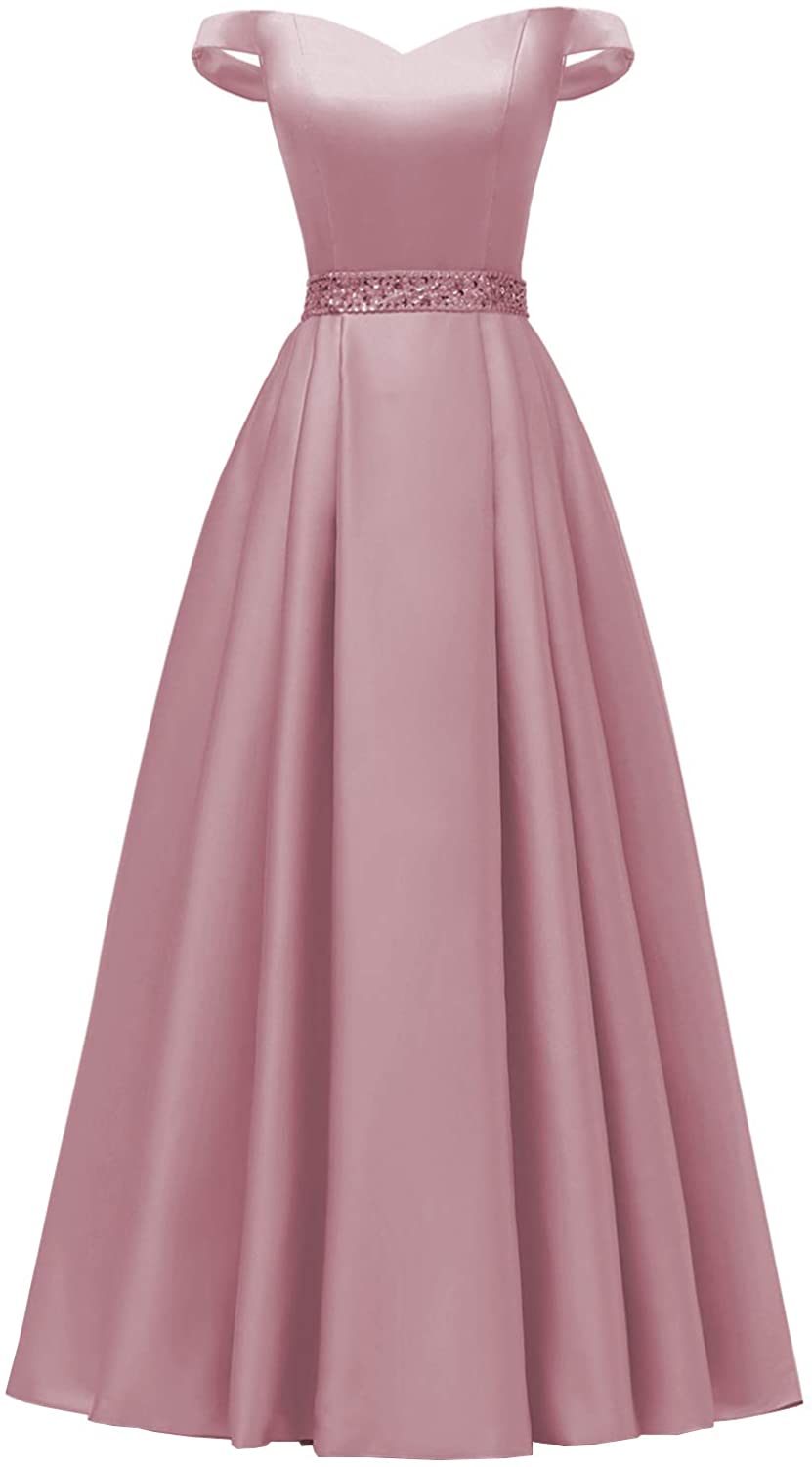 Price:$109.99    YORFORMALS Plus Size Off The Shoulder Beaded Satin Prom Dresses Long for Women Party Dress with Pockets Size 18 Dusty Rose  Clothing