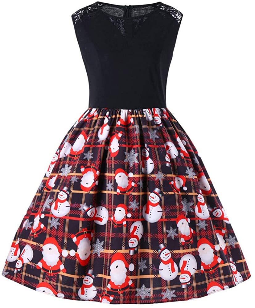 Price:$6.65    Hengshikeji Women Sleeveless Christmas Dresses Santa Snowman Claus Print Party Swing Dress  Clothing