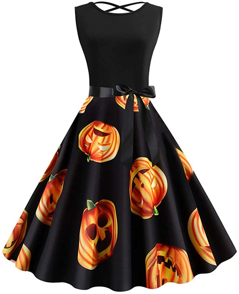 Price:$6.99    Hohaski Women Vintage Sleeveless Halloween 50s Housewife Evening Party Prom Dress  Clothing