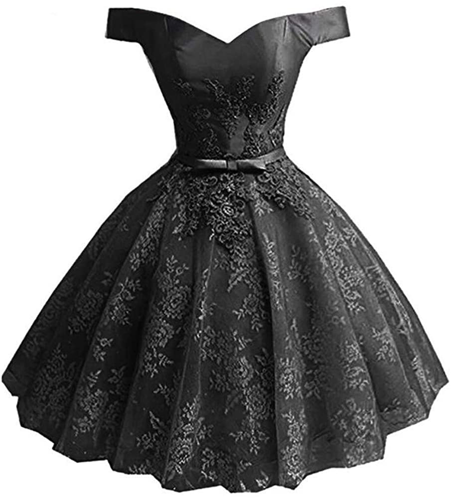 Price:$79.00    Off Shoulder Homecoming Dresses Short Satin A Line Formal Prom Dress for Women 2019 Lace Cocktail Gown  Clothing