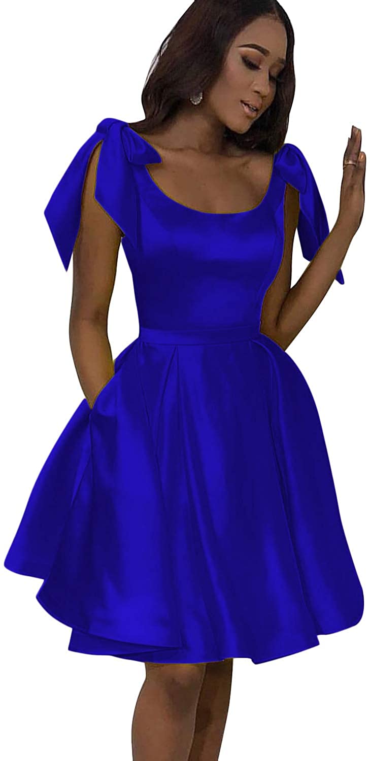 Price:$69.99    Ivy Beauty Satin Bow Shoulders Skirt A Line Homecoming Short Dress with Side Pockets  Clothing