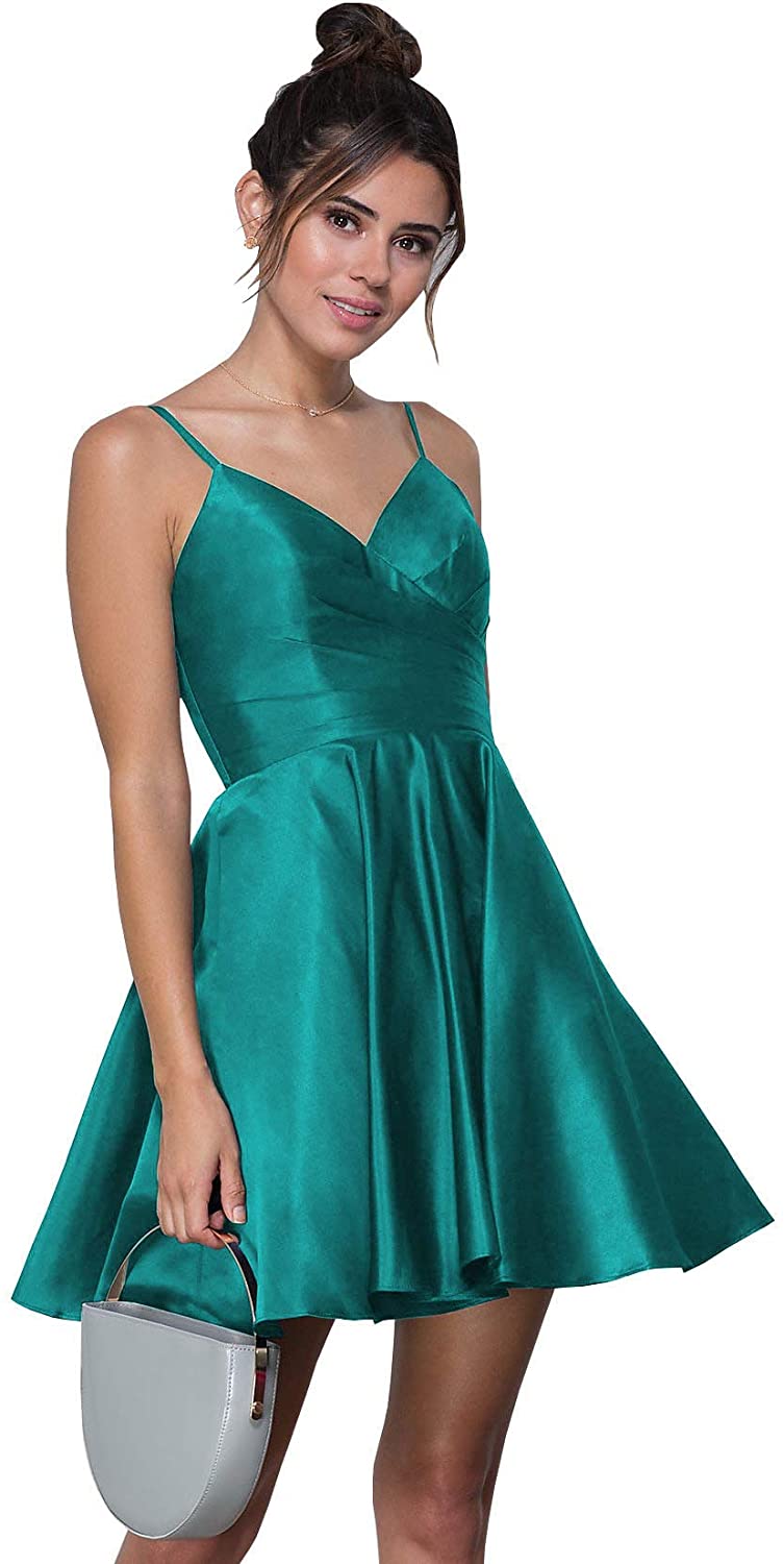 Price:$139.00    Plus Size Spaghetti Strap V Neck Short Homecoming Dress A Line Satin Ruched Prom Gown Turquoise Size 26W  Clothing