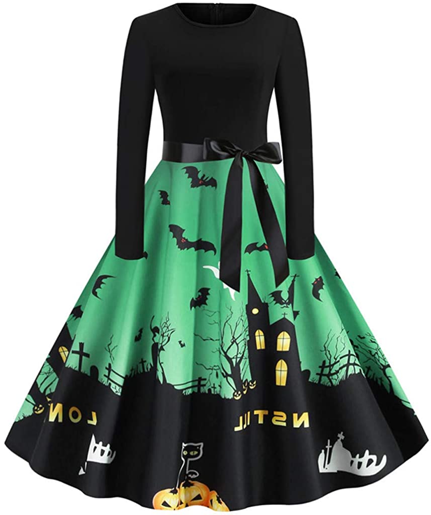 Price:$5.99    FACAIAFALO Women's Halloween Dress Vintage 1950s Lace Cocktail Swing Scary Bat Pumpkin Dress  Clothing