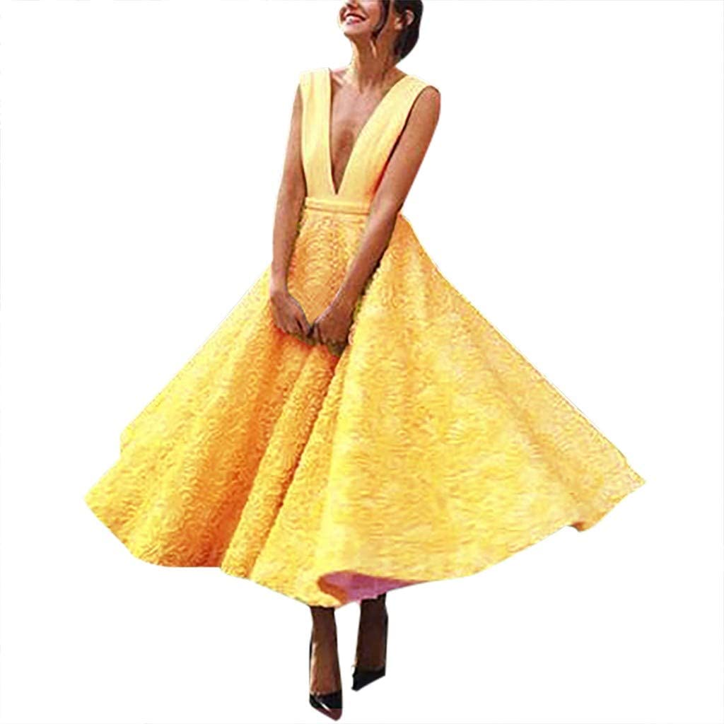 Price:$19.99    DICPOLIA Women's Lace Yellow Princess Dress with Belt, Petite - Elegant (S-XL)  Clothing