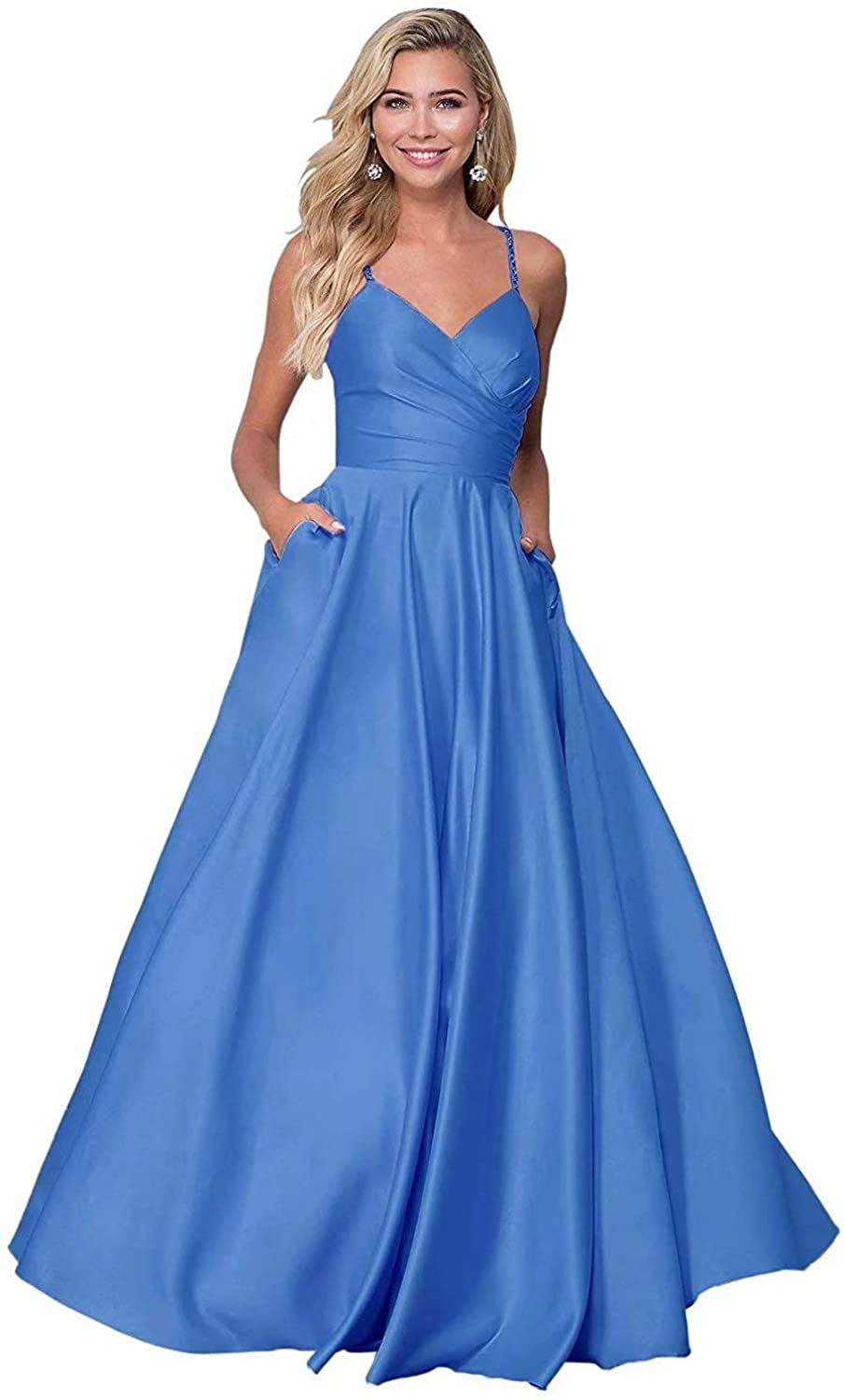 Price:$29.99 FNKS V Neck Prom Dress Strap Satin Long Evening Party Gowns With Pockets at Amazon Women’s Clothing store