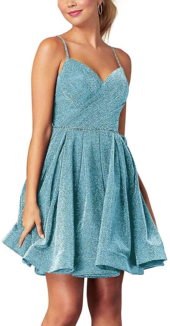 Price:$15.90    GEUOYEE Sparkly Glitter Prom Dress Short Spaghetti Straps Knee Length Gown Crystal Beaded Waist Homecoming Dresses  Clothing
