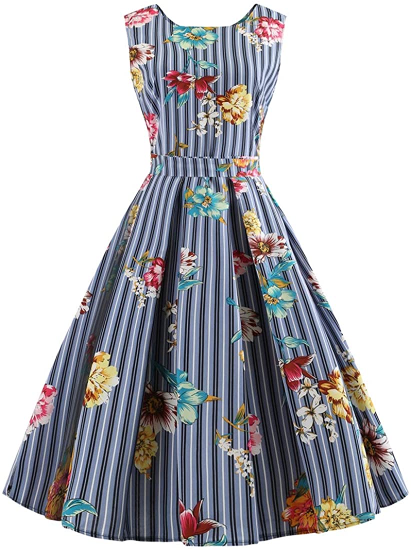 Price:$10.99 Wellwits Women's Print High Waist Pleated Tea Party 1950s Vintage Swing Dress at Amazon Women’s Clothing store