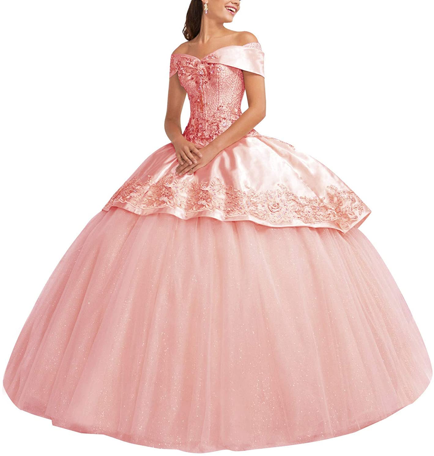 Price:$99.99    Homdor Off Shoulder Ball Gown Glitter Tulle Satin Long Appliques Beaded Quinceanera Prom Dresses 2020  Clothing