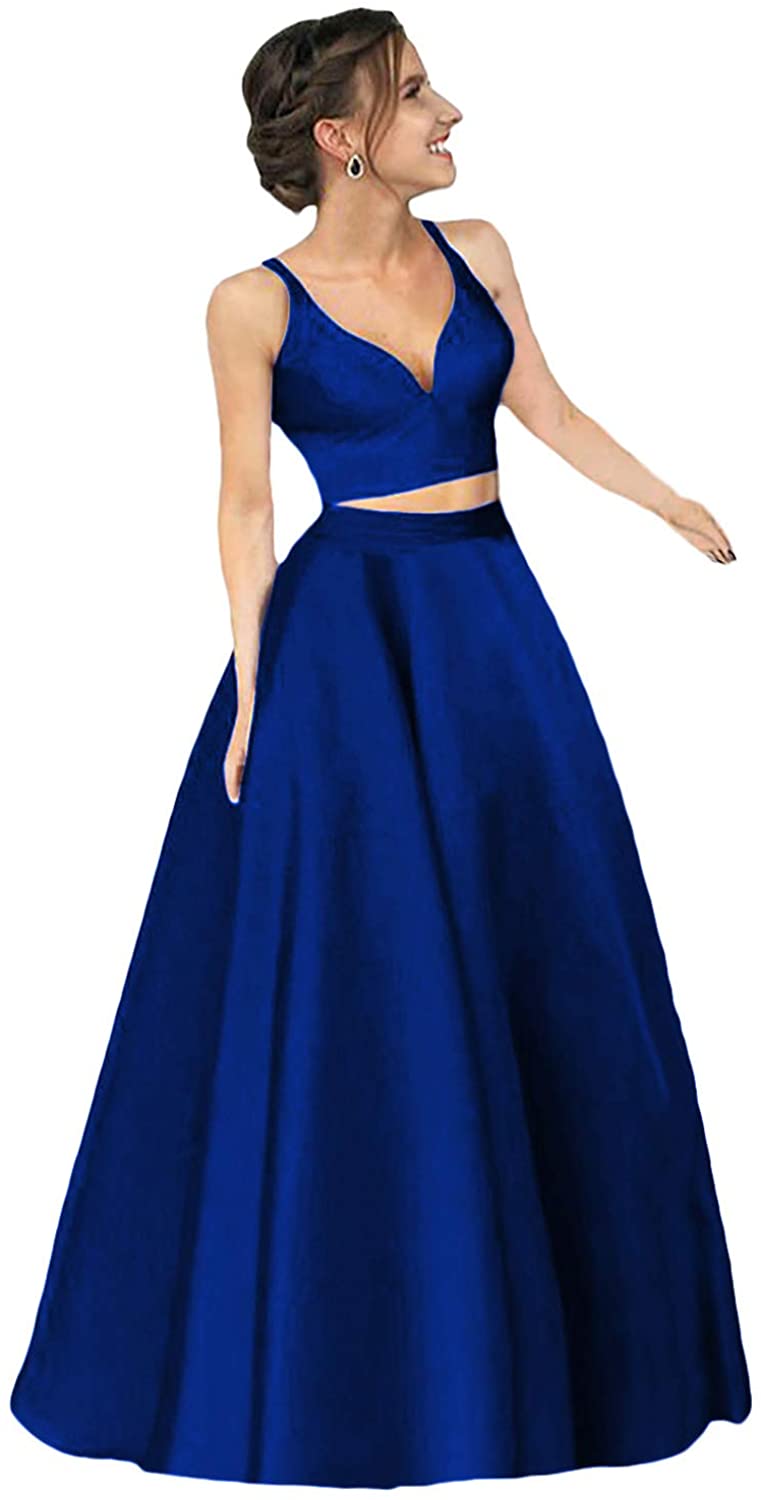 Price:$69.00 Dymaisei Women's V-Neck Two-Piece Prom Dresses 2020 Long Satin Formal Party Dresses at Amazon Women’s Clothing store