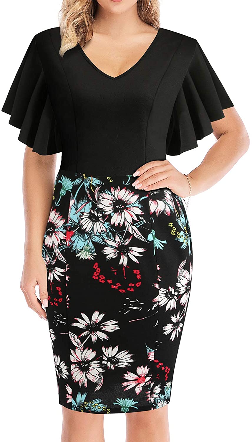 Price:$25.99 WERIDEDIRT Women's 1950s Vintage Ruffle Flared Sleeves V Neck Sheath Cocktail Party Pencil Dresses at Amazon Women’s Clothing store