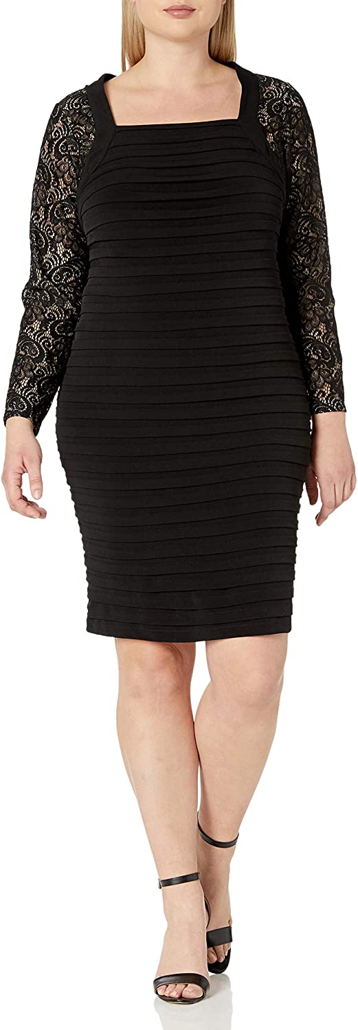 Price:$80.49    London Times Women's Plus Size Long Sleeve Square Neck Sheath Dress  Clothing